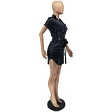 Satin Short Sleeve Ruched Lace Up Wrap Mini Dresses WSM-5311