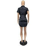 Satin Short Sleeve Ruched Lace Up Wrap Mini Dresses WSM-5311