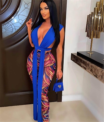 Deep V Neck Bandage Top+Print Pants Matching Sets MDF-5303