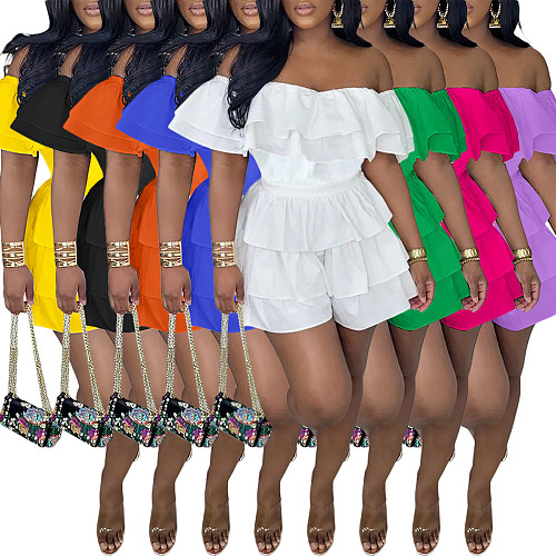 Sexy Off Shoulder Women Solid Color Flounced Pleated Rompers OD-8560
