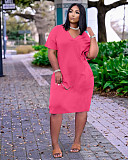 Solid Color V Neck Short Sleeve Loose-fitting Midi Dress TK-6153