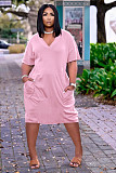 Solid Color V Neck Short Sleeve Loose-fitting Midi Dress TK-6153