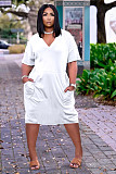 Solid Color V Neck Short Sleeve Loose-fitting Midi Dress TK-6153