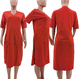 Solid Color V Neck Short Sleeve Loose-fitting Midi Dress TK-6153