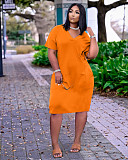 Solid Color V Neck Short Sleeve Loose-fitting Midi Dress TK-6153