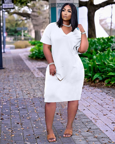 Solid Color V Neck Short Sleeve Loose-fitting Midi Dress TK-6153