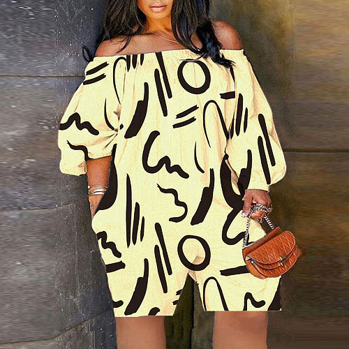 Casual Printed Women Off Shoulder Loose Plus Size Romper NY-2713