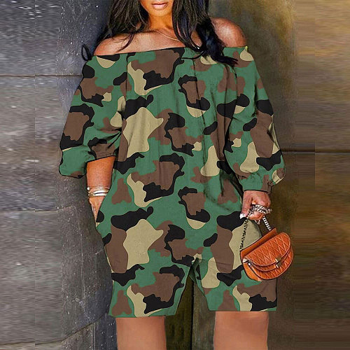 Casual Printed Women Off Shoulder Loose Plus Size Romper NY-2713