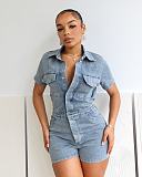 Casual Girls Lapel Short Sleeves Pockets Strech Denim Romper MEM-88580