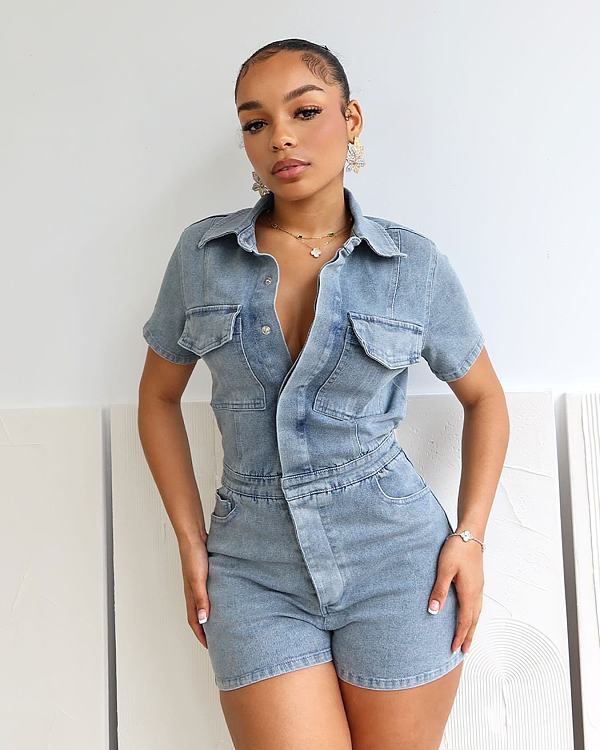 Casual Girls Lapel Short Sleeves Pockets Strech Denim Romper MEM-88580