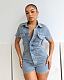 Casual Girls Lapel Short Sleeves Pockets Strech Denim Romper MEM-88580