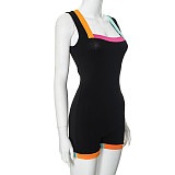 Sexy Square Neck Patchwork Women Straps Sporty Romper Black MXXB-K24RP150