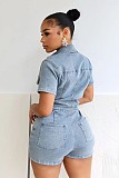 Casual Girls Lapel Short Sleeves Pockets Strech Denim Romper MEM-88580