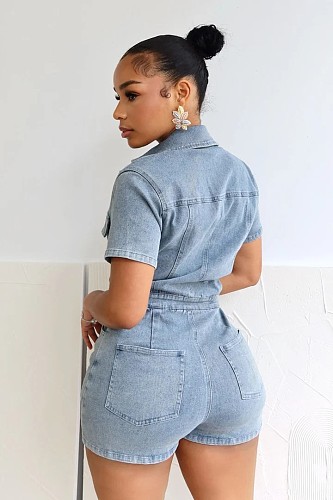 Casual Girls Lapel Short Sleeves Pockets Strech Denim Romper MEM-88580
