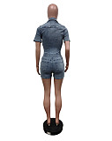 Casual Girls Lapel Short Sleeves Pockets Strech Denim Romper MEM-88580