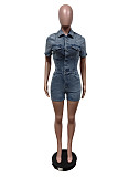 Casual Girls Lapel Short Sleeves Pockets Strech Denim Romper MEM-88580