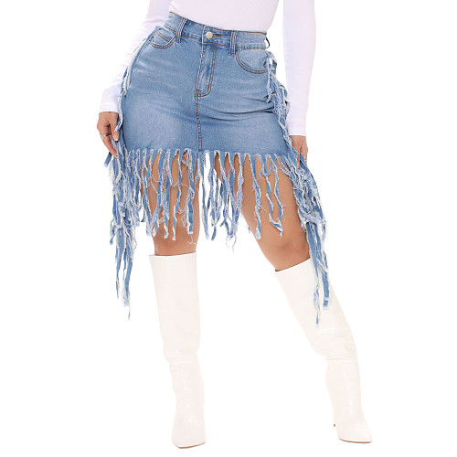 Fashion Tassel Women High-waist Large Size Denim Mini Skirt HSF-2416