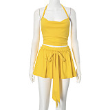 Yellow Halter Backless Crop Top And Pleated Short Skirt Two Pieces Sets MXXB-K24ST290