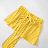 Yellow Halter Backless Crop Top And Pleated Short Skirt Two Pieces Sets MXXB-K24ST290