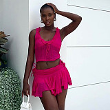 Rose Red Lace Transparent  Tops And Irregular Short Skirts 2 Pieces Sets MXXB-Q24ST338