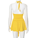 Yellow Halter Backless Crop Top And Pleated Short Skirt Two Pieces Sets MXXB-K24ST290