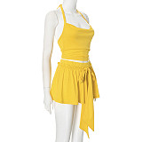 Yellow Halter Backless Crop Top And Pleated Short Skirt Two Pieces Sets MXXB-K24ST290