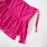 Rose Red Lace Transparent  Tops And Irregular Short Skirts 2 Pieces Sets MXXB-Q24ST338