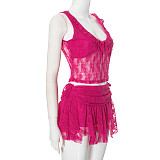 Rose Red Lace Transparent  Tops And Irregular Short Skirts 2 Pieces Sets MXXB-Q24ST338