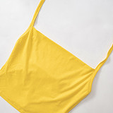 Yellow Halter Backless Crop Top And Pleated Short Skirt Two Pieces Sets MXXB-K24ST290