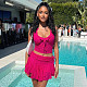 Rose Red Lace Transparent  Tops And Irregular Short Skirts 2 Pieces Sets MXXB-Q24ST338