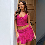 Rose Red Lace Transparent  Tops And Irregular Short Skirts 2 Pieces Sets MXXB-Q24ST338
