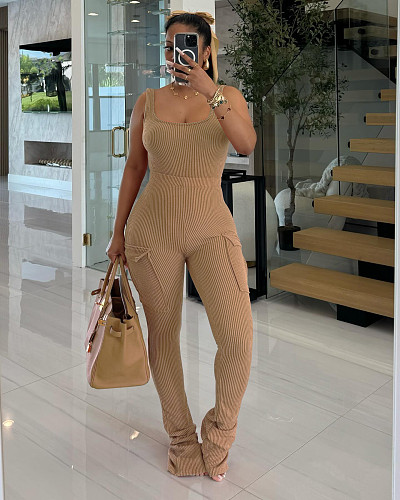 Women Solid Color Vest And Packets Long Pants Casual 2 Pieces Sets ANDI-2028