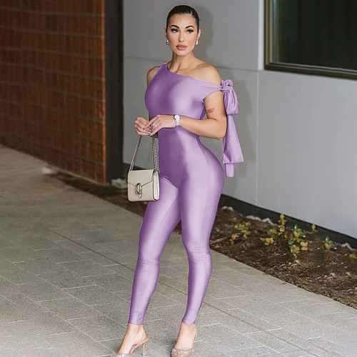 Sexy Single Shoulder Irregular Purple Long Bodycon Jumpsuits MXXB-K24JP289