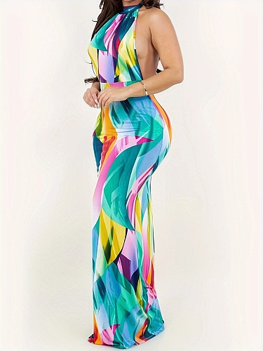 Sexy Backless Halter Ladies Prints Sleeveless Bodycon Long Dresses ZAND-31337