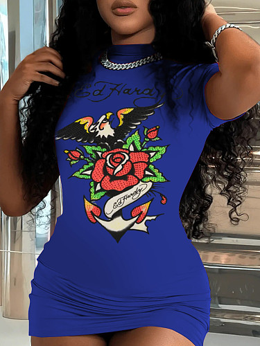Women Printed Short Sleeves Package Hips Mini Dresses RS-0720