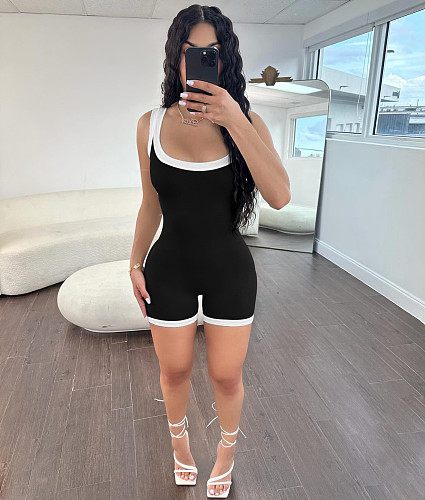 Women's Colorblock Edging Sleeveless Bodysuit With Tight Shorts XRB-10085