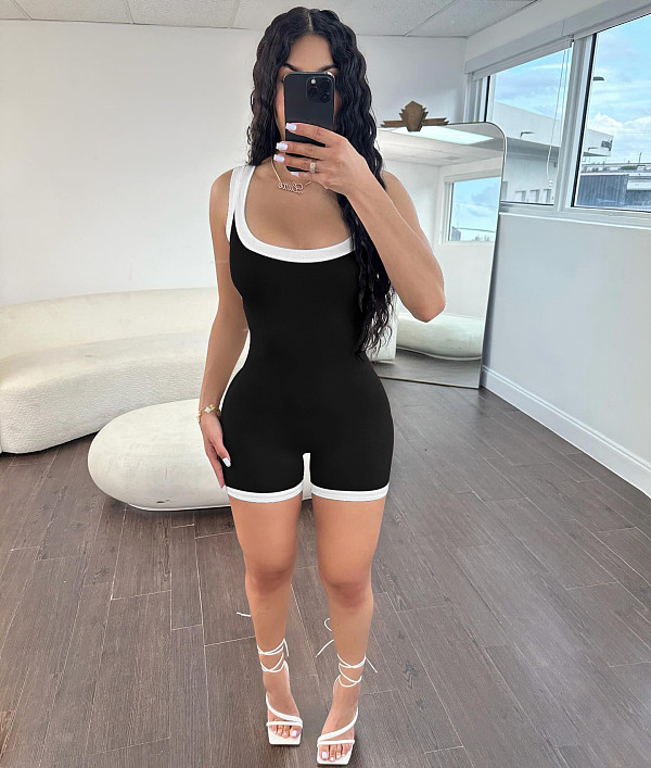 Women's Colorblock Edging Sleeveless Bodysuit With Tight Shorts XRB-10085