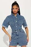 Women Short Sleeves Lapel Collar Buttons Loose Denim Romper LX-3573