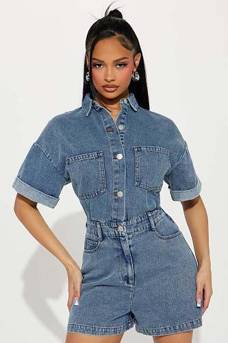 Women Short Sleeves Lapel Collar Buttons Loose Denim Romper LX-3573