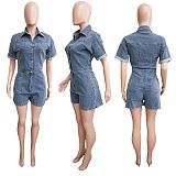Women Short Sleeves Lapel Collar Buttons Loose Denim Romper LX-3573