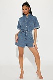 Women Short Sleeves Lapel Collar Buttons Loose Denim Romper LX-3573