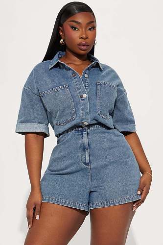 Women Short Sleeves Lapel Collar Buttons Loose Denim Romper LX-3573