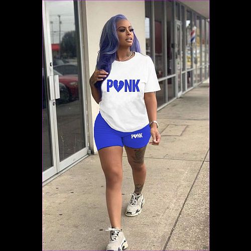 PINK Letter Short Sleeve T Shirt Shorts Two Piece Set DN-8008P23