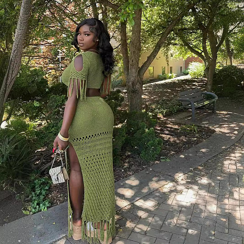 Green Knitted Tassel Crop Tops And Hollow-out Split Long Skirt Women Two Pieces Sets XT-83018