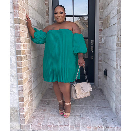 Chiffon Lantern Sleeve Loose Pleated Plus Size Dress ASL-7088