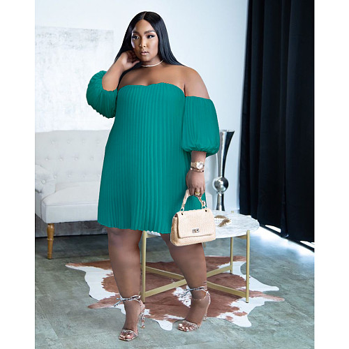 Chiffon Lantern Sleeve Loose Pleated Plus Size Dress ASL-7088