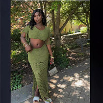 Green Knitted Tassel Crop Tops And Hollow-out Split Long Skirt Women Two Pieces Sets XT-83018