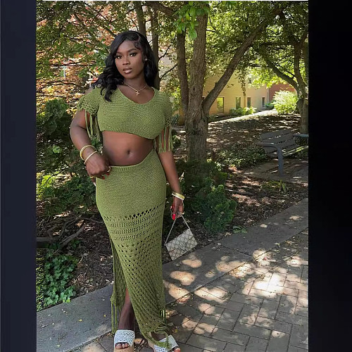 Green Knitted Tassel Crop Tops And Hollow-out Split Long Skirt Women Two Pieces Sets XT-83018