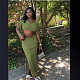 Green Knitted Tassel Crop Tops And Hollow-out Split Long Skirt Women Two Pieces Sets XT-83018