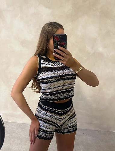 Fashion Stripes Printed Hollow-out Women 2 Pieces Shorts Sets XT-83017